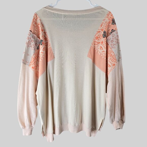 We The Free Patchwork Boho Shirt Lg Light Pink Oversized Relaxed Long Sleeve Top - Picture 2 of 13